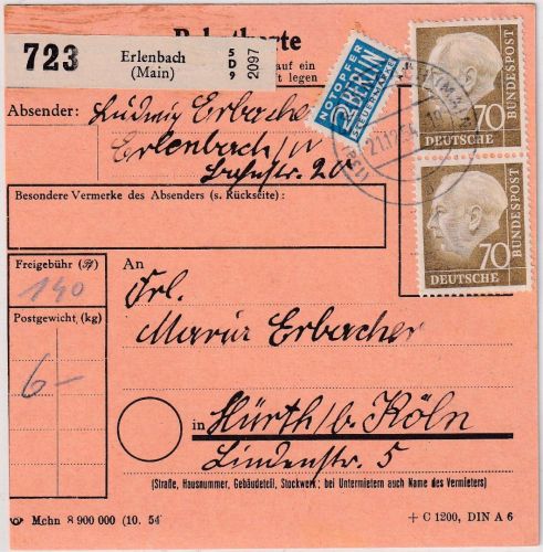 BRD - 2x70 Pfg, Heuss I + NO Paketkarte Erlenbach - Hürth b. Köln 21.12.54