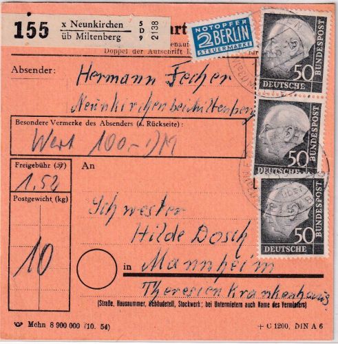BRD - 3x50 Pfg, Heuss I + NO Paketkarte Neunkirchen ü. Miltenberg 7.3.55