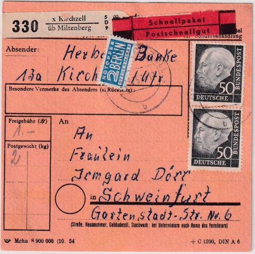 BRD - 2x50 Pfg, Heuss I + NO Schnellpaketkarte Kirchzell ü. Miltenberg 20.12.55