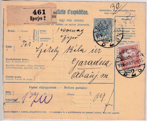 Ungarn/Slowakei - 10 F. Paketkarte + Zusatz Eperjes - Garadna 1916