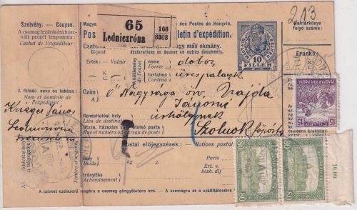 Ungarn/Slowakei - 10 F. Paketkarte + Zusatz Ledniczrona - Szolnok 1918