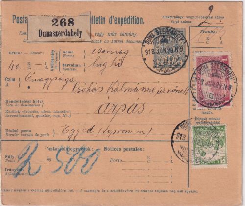 Ungarn/Slowakei - 10 F. Paketkarte + Zusatz Dunaszerdahely - Egyed 1918