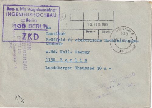 DDR - Berlin 1968 portofreier ZKD-Ortsbrief "BMK Ingenieurhochbau"