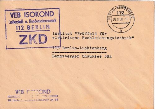 DDR - Berlin-Weissensee 1968 portofreier ZKD-Ortsbrief "VEB Isokond"