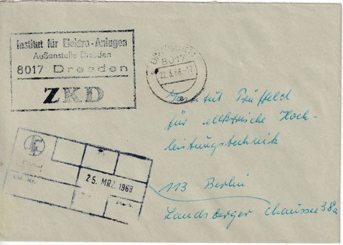 DDR - Dresden 1968 portofreier ZKD-Brief "Institut f. Elektro-Anlagen" n. Berlin