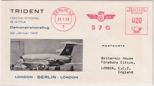 Berlin - Trident Demoflug 20 Pfg. AFS "BFC" Sonderflugkarte n. ENGLAND 22.1.1966
