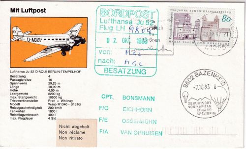 BRD - Junkers Ju 52 "Tante Ju" Sonderflug Bordpost Karte i.d. SCHWEIZ 1993