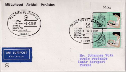 BRD - Lufthansa Erstflug München Izmir 6.7.87 2x60 Pfg. Jugend/Zahntechniker