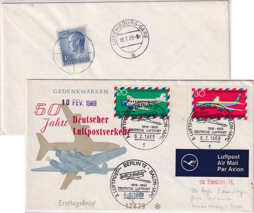 BRD - 50 J. Dt. Luftpostverkehr Schmuck-FDC ESST Berlin IPAC-Salon 6.2.69