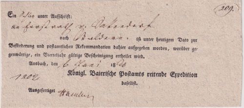 Bayern - Ansbach 1826 Aufgabeschein (Reitpost) f. rekommandierte Sendung
