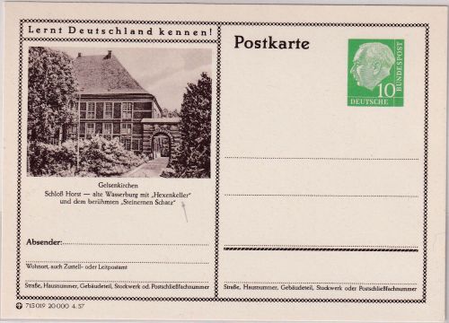BRD - 10 Pfg. Heuss Bildganzsache Gelsenkirchen Schloss Horst "Hexenkeller"