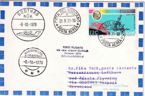 Vatikan - Gronlandsfly Zuleitungspost Erstflug Godthab - Narssarssuak 1979