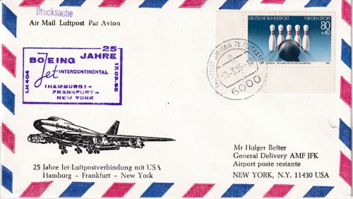 BRD - 80 Pfg. Sport/Kegeln Lupo-Drucksache/Sonderluftpost FFM - New York 1985