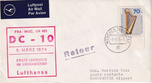 BRD - 70 Pfg. Wofa/Harfe Luftpostbrief LH-Erstflug München Manchester 9.3.74