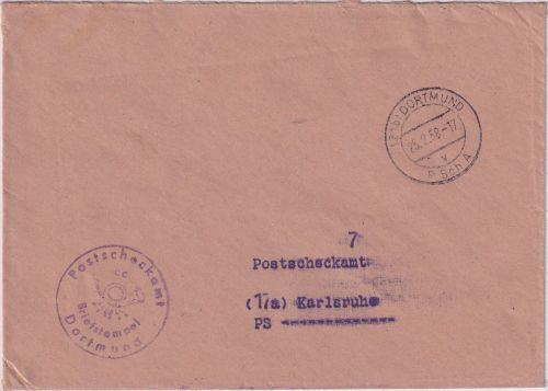 BRD - (21b) Dortmund PSchA Tagesstempel Postsache/Postscheckamt n. Karlsruhe