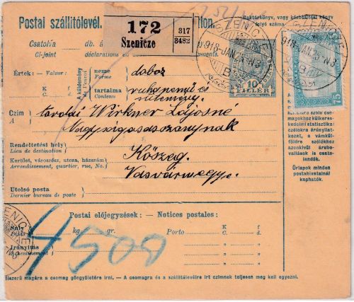 Ungarn/Slowakei - 10 F. Paketkarte + Zusatz Szenicze - Köszeg 1918