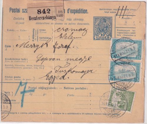 Ungarn/Slowakei - 10 F. Paketkarte + Zusatz Beszterczebanya - Egyed 1918