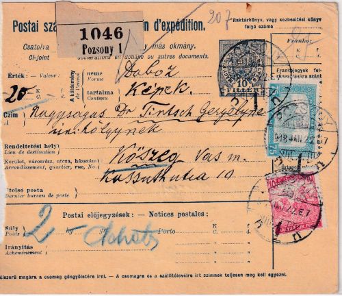 Ungarn/Slowakei - 10 F. Paketkarte + Zusatz Pozsony - Köszeg 1918