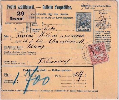 Ungarn/Slowakei - 10 F. Paketkarte + Zusatz Meczenef - Felsönovaj 1916