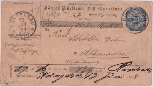 Württemberg - 20 Pfg. Ganzsache/Postanweisung Künzelsau - Alberweiler 1894