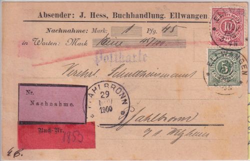 Württemberg - 5+10 Pfg. Ziffer Nachnahmekarte Ellwangen - Pfahlhorn 1900