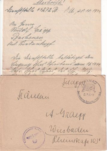 DR - Hanau 1944 Feldpopstbrief n. Wiesbaden + Vermisstenauskunft Fp.Nr. 44272