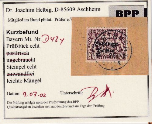 Bayern - 1 M. Dienst Staatswappen/Volksstaat weißes Papier Briefstück 1920 gepr.
