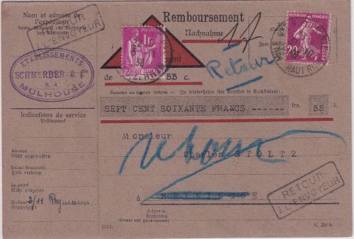 Frankreich - 20 C. Saerin Nachnahmekarte Mülhausen 1938 Retour 1 Fr. Ausz.gebühr