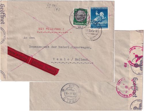 DR - 25 Pfg. Wiener Messe u.a. Eil-Zensurbrief n. HOLLAND Hamburg 18 - 19.3.41