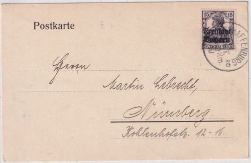 Bayern - 15 Pfg. Germania/Freistaat Karte Aschaffenburg - Nürnberg 17. OCT 19