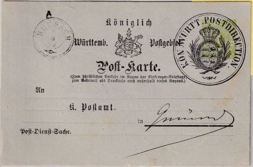 Württemberg - 1 Kr. Ziffer Ganzsache/Formularaufbrauch Heubach - Gmünd 1879