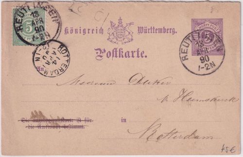 Württemberg - 5 Pfg. Ziffer viol. Ganzsache + Zusatz Karte n. HOLLAND 1890