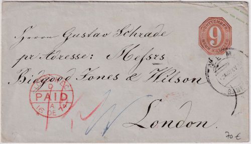 Württemberg - 9 Kr. Ganzsache/Brief n. ENGLAND Ulm Bahnhof - London 1874