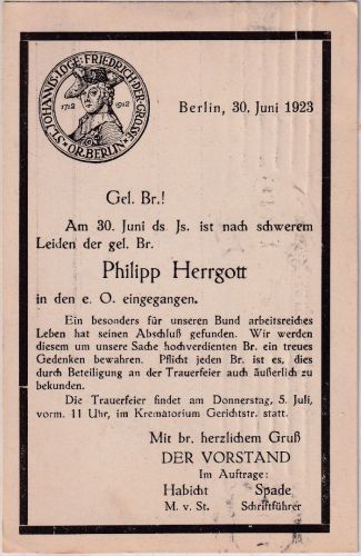 Berlin - St. Johannis-Loge (Freimaurer) Ortskarte/Todesanzeige 30. Juni 1923