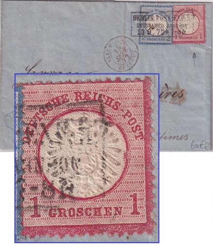 DR - 2+1 Gr großer/kleiner Brustschild Brief n. FRANKREICH Berlin - Nizza 1872