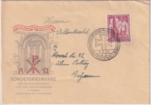 Berlin - 20 Pfg. Gedächtniskirche amtl. Schmuck-FDC 9.8.53 adressiert