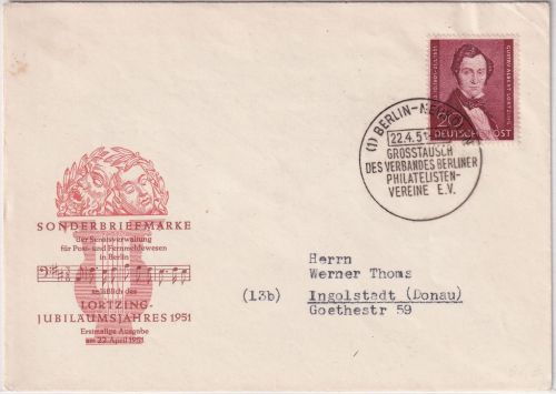 Berlin - 20 Pfg 100. Todestag Lortzing amtl. Schmuck-FDC 22.4.51 ESST Neukölln