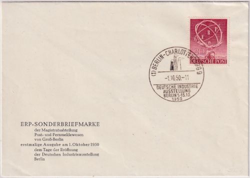 Berlin - 20 Pfg ERP Marshall-Plan amtl. Schmuck-FDC 1.10.50 ESST Charlottenburg