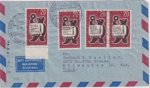 Berlin - 4x20 Pfg Rundfunkausstellung Luftpostbrief/FDC n. USA ESST 3.8.61
