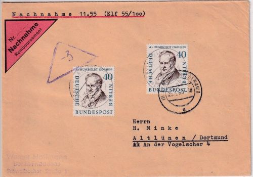 Berlin - 2x40 Pfg. Humboldt Nachnahmebrief Berlin-Friedenau - Altlünen 1960