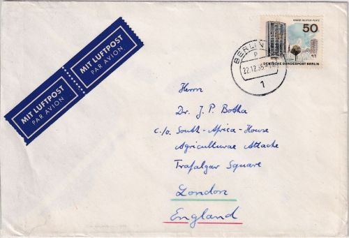 Berlin - 50 Pfg. Neu-Berlin Luftpost-Drucksache n. ENGLAND 1966