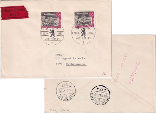 Berlin - 2x60 Pfg. Alt-Berlin Eilbrief>20g/FDC ESST 25.10.63 n. Hechthausen