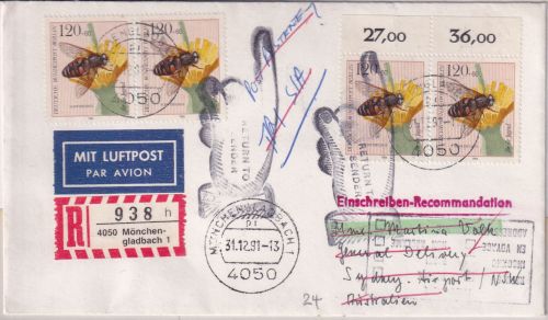 Berlin - 4x120 Pfg. Jugend/Fliege Luftpost-Einschreibebrief n. AUSTRALIEN 1991