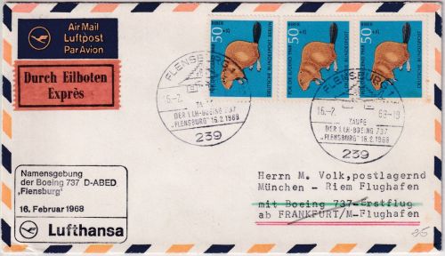 Berlin - 3x50 Pfg. Jugend/Biber Luftpost-Eilbrief Flensburg 1968