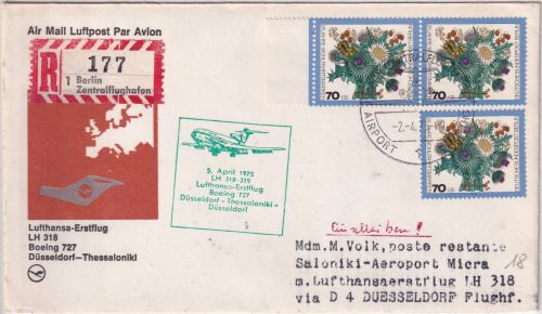 Berlin - 3x70 Pfg. Wofa Luftpost-Einschreibebrief Berlin 1975 LH-Zuleitungspost