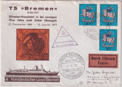Berlin - 3x70 Pfg. Wofa/Zinnfigur Eilbrief Deutsche Schiffspost TS Bremen 1970