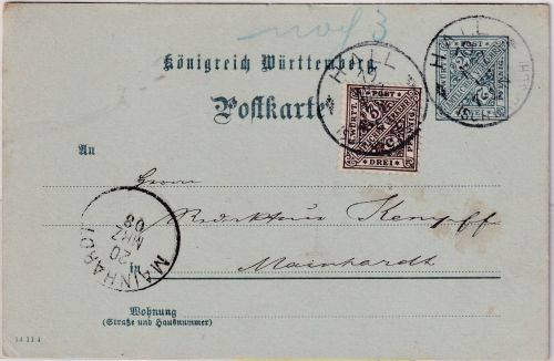 Württemberg - 2 Pfg. amtl. Verkehr Ganzsache Hall 19. MRZ 08 - "noch 3"