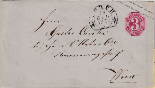 Württemberg - 3 Kr. Ganzsache/Brief Steigbügel n. ÖSTERREICH Lorch 18. Juli 1872
