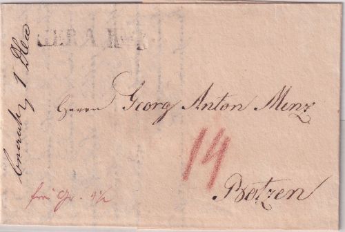 Thurn&Taxis/Österreich - Gera Ron4 L1 Grenzfrankobrief n. Bozen 1817