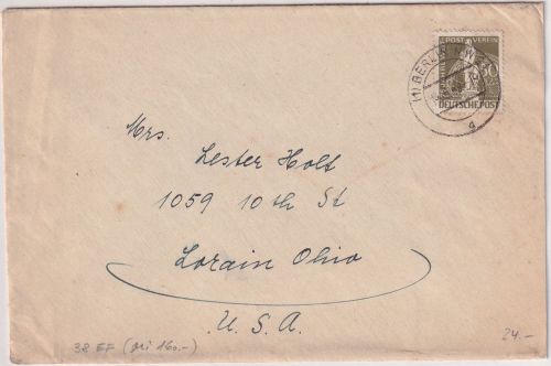 Berlin - 50 Pfg. 75 J. UPU Brief n. USA NW21 - Lorain 14.5.49